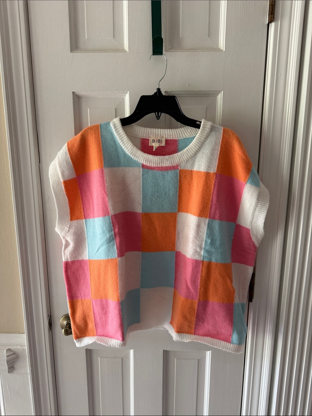 BIBI Colorblock Checkered Sleeveless Sweater - Pink, Orange, Light Blue, White